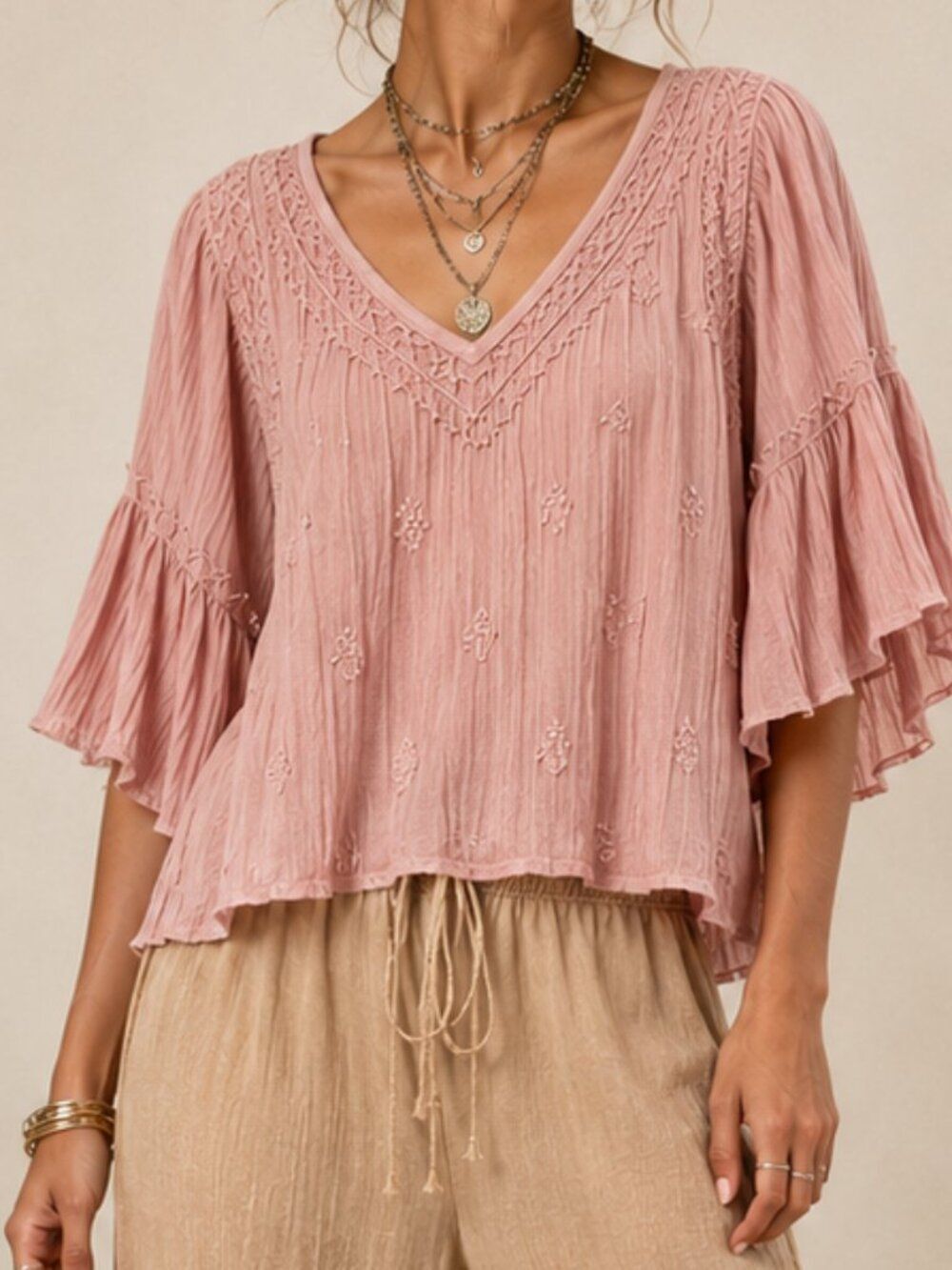 Rachel Zoe Boho Pink Embroidered Flared Sleeves Top Size Small